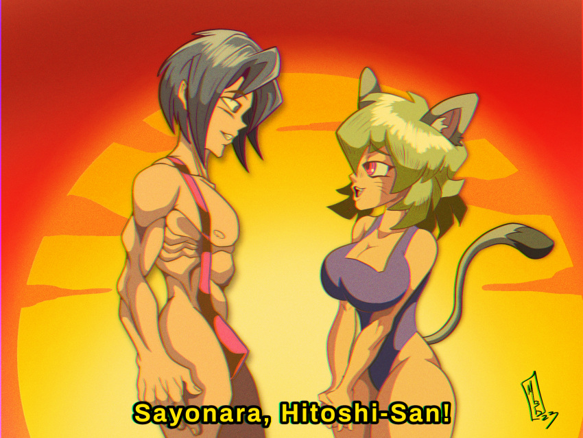 1female 1male abs english_text hitoshi-san marbardan_(artist) nyan_neko_sugar_girls n~nsg one-piece_swimsuit raku-chan redraw speedo swimwear tail text yellow_text