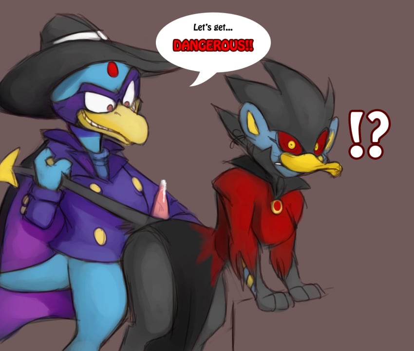 chimangetsu cosplay crossover cum darkwing_duck darkwing_duck_(character) darkwing_duck_(cosplay) dialogue disney golduck luxray mel_the_hybrid morgana_macawber nintendo penis pokemon pokemon_(species) tail_pull