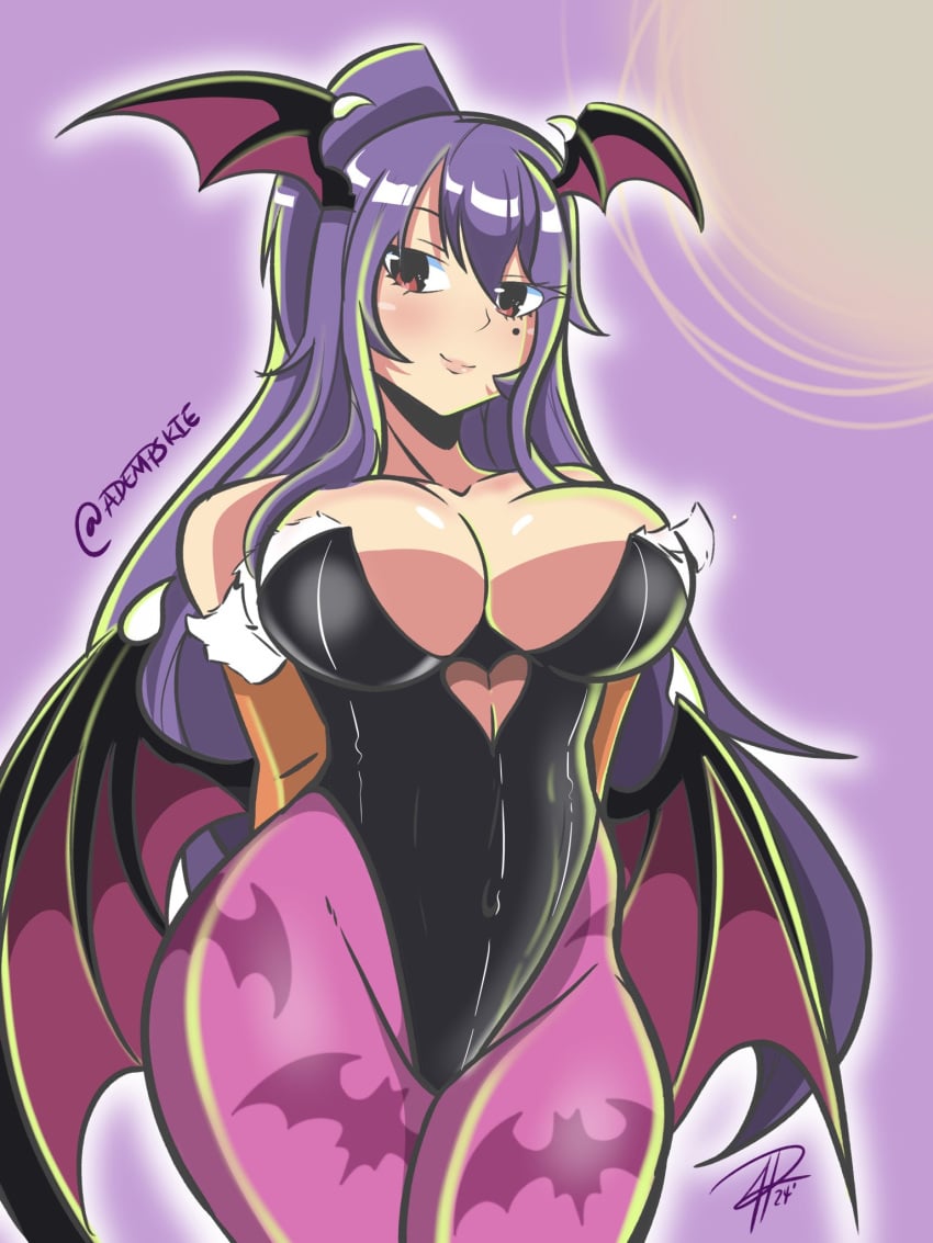 animal_print arms_behind_back bare_shoulders bat_print black_leotard breasts cleavage clothing_cutout collarbone cosplay eden's_zero edens_zero female head_wings heart_cutout highres homura_kogetsu large_breasts leotard long_hair looking_at_viewer mole mole_under_eye morrigan_aensland_(cosplay) pantyhose ponytail purple_hair purple_pantyhose solo wings