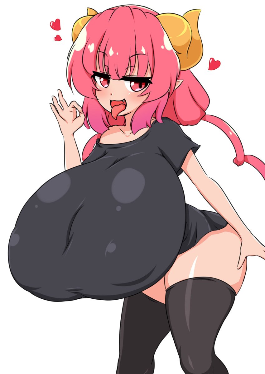 breasts_bigger_than_head covered_nipples dragon_girl dragon_horns female female_focus female_only horns huge_breasts humanoid hyper_breasts ilulu_(dragon_maid) light-skinned_female light_skin looking_at_viewer miss_kobayashi&#039;s_dragon_maid moyashi_udon nipple_bulge on_knees pasties red_hair shortstack small_but_busty tongue_out twintails voluptuous