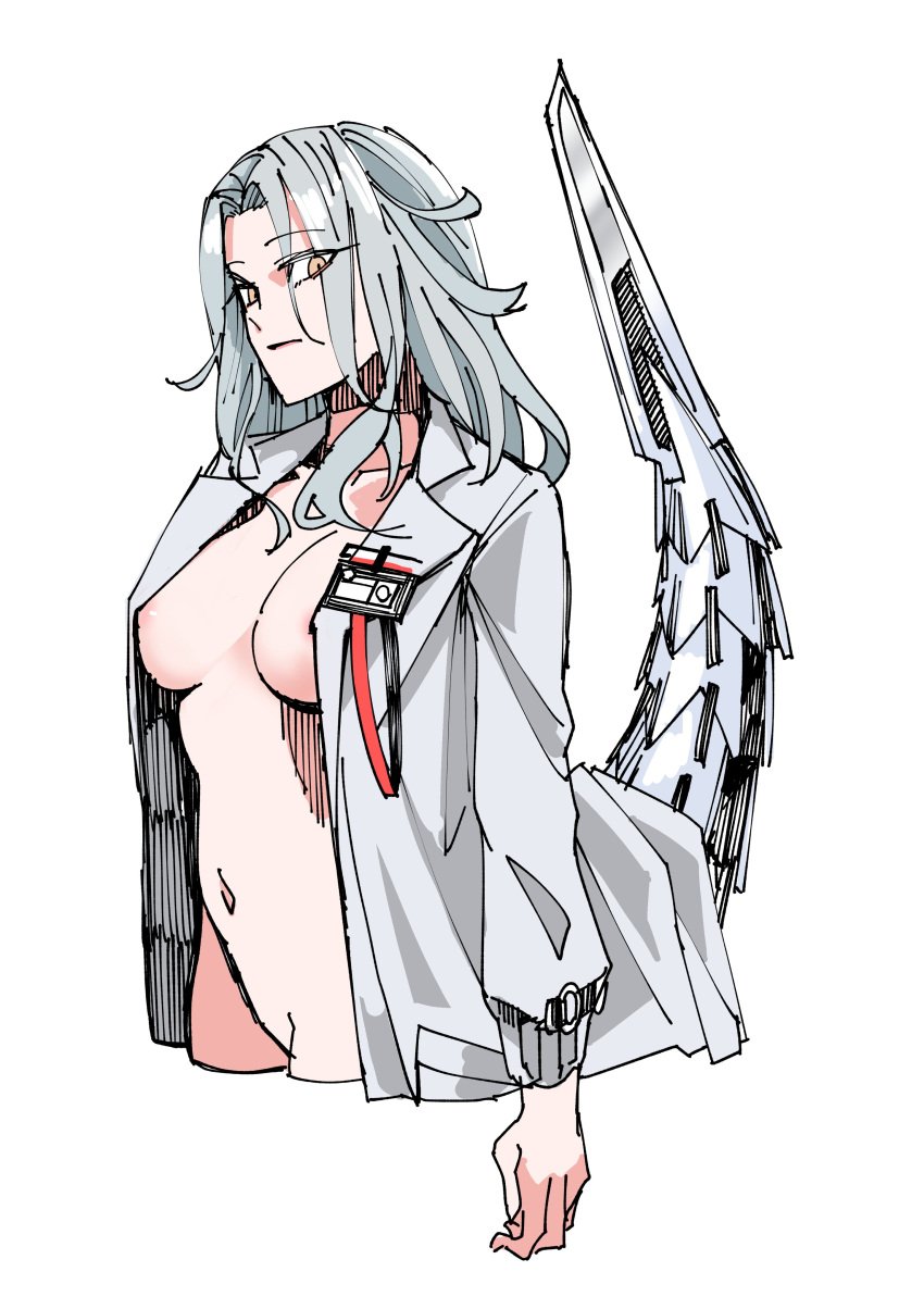 absurdres breasts closed_mouth coat covered_nipples female girls'_frontline grey_hair hidden_weapon highres lab_coat lady_gray_(girls'_frontline) long_sleeves looking_at_viewer mechanical_tail medium_breasts navel nipples no_bra no_feet no_panties nude open_clothes paradeus scientist scorpion_tail simple_background solo sugac tail tail_blade white_background yellow_eyes