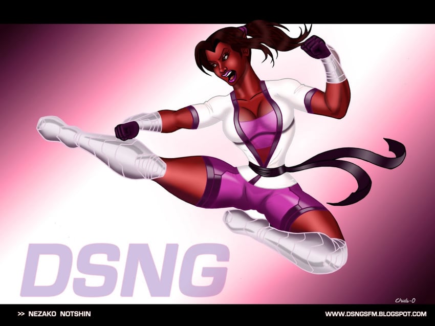 big_breasts black_belt breasts dark_skin dsng flying_kick karate_kick nezako_notshin open_mouth ponytail sfa simple_background