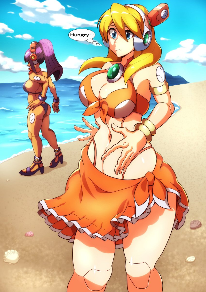 2girls alia beach belly big_breasts bikini blonde_hair blue_eyes breasts capcom hungry imminent_vore kotatuman_dash layer mega_man mega_man_x navel pre_vore purple_hair reploid robot_girl robot_joints swimsuit water