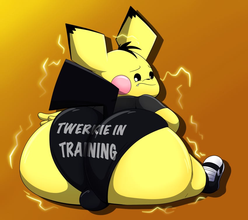 absurd_res anthro ass big_butt briefs bulge clothing electricity fangs female footwear generation_2_pokemon head_tuft hi_res huge_butt looking_back nintendo pace_(blastoiseanimator) pichu pokemon pokemon_(species) shoes simple_background sitting slightly_chubby solo static teapot_(body_type) teeth tepigfan101 text text_on_clothing text_on_underwear tuft underwear