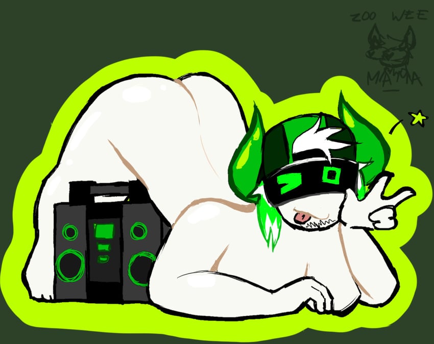 1boy ambiguous_gender boombox boombox_(phighting) breasts chubby chubby_male colored_hair downward_dog hair_highlights hat horn horns man_boobs neon_colors non-human nude peace_sign tongue_out visor