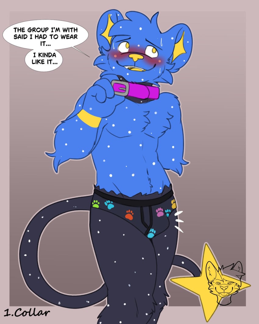 4:5 anthro blush bulge cheek_tuft clothing collar dialogue english_text facial_tuft generation_4_pokemon hi_res kingdraws looking_aside male nintendo open_mouth open_smile pokemon pokemon_(species) shinx smile solo standing star_the_shinx tail text tuft underwear