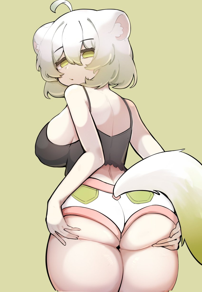 1girls ahoge ass ass_focus ass_grab back_view big_breasts black_camisole booty breasts camisole cleavage clothed clothing female female_focus female_only ferret ferret_girl green_eyes green_highlights hips laimu looking_at_viewer looking_back panties sae_art short_hair shorts simple_background solo tail thick_ass thick_thighs tired underwear vinesauce virtual_youtuber vtuber white_hair wide_hips