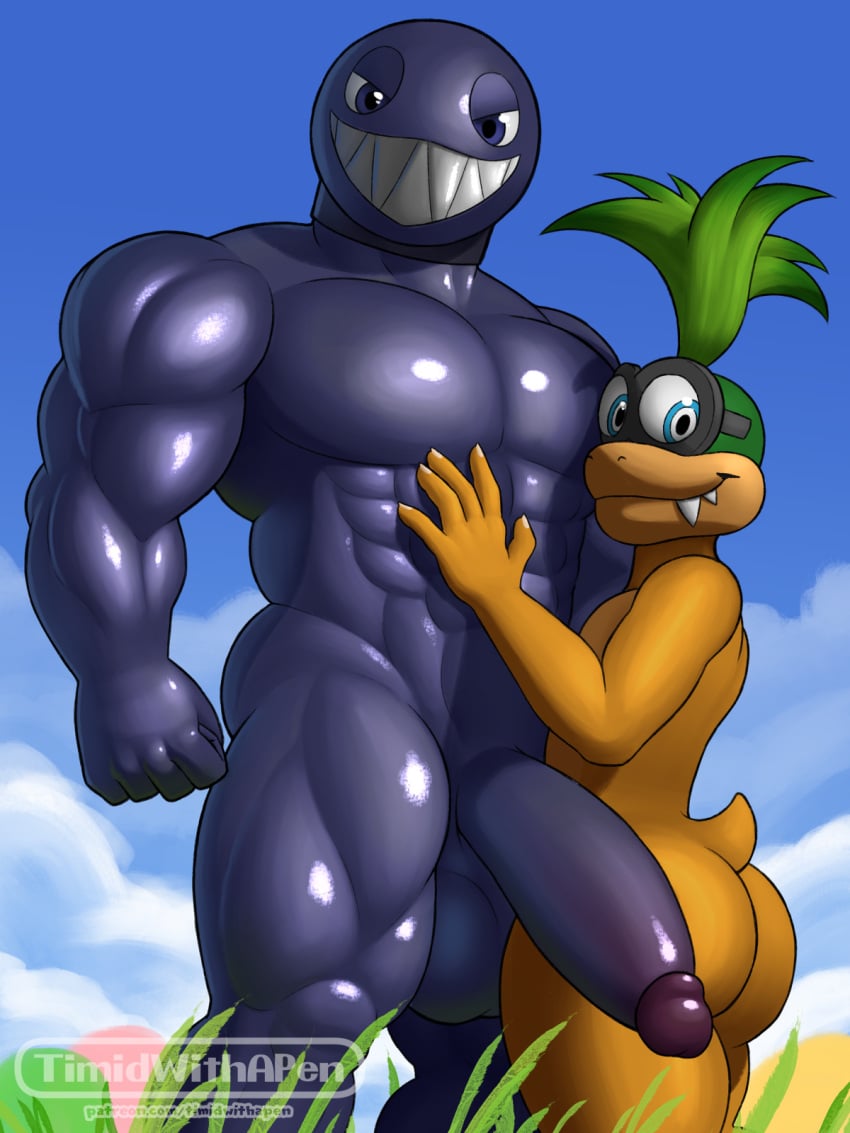 3:4 abs aged_up anthro anthrofied ass balls big_balls big_butt big_penis chain_chomp collar digital_media_(artwork) duo eyewear gay genitals glasses hair hand_on_chest hi_res humanoid_genitalia humanoid_penis iggy_koopa koopaling looking_at_viewer male male/male male_only mario_(series) metallic_body muscular muscular_anthro muscular_male nintendo nude pecs penis sharp_teeth size_difference smile smililng super_mario_bros. tail teeth timidwithapen wearing_glasses