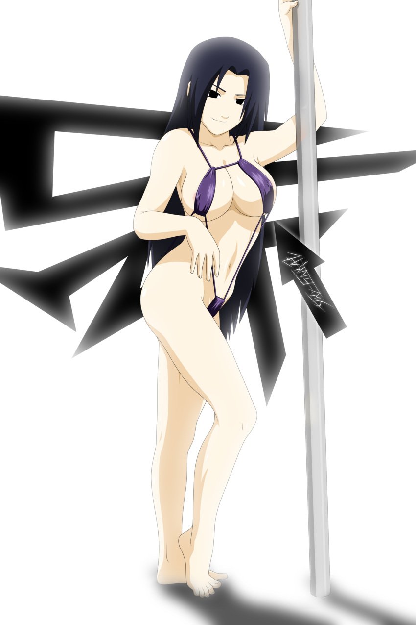 accurate_art_style areola areolae bikini black_eyes blue_hair highres milf naruto naruto_(classic) nipple nipples pole pole_dancing smile stiky_finkaz string_bikini swimsuit uchiha_mikoto