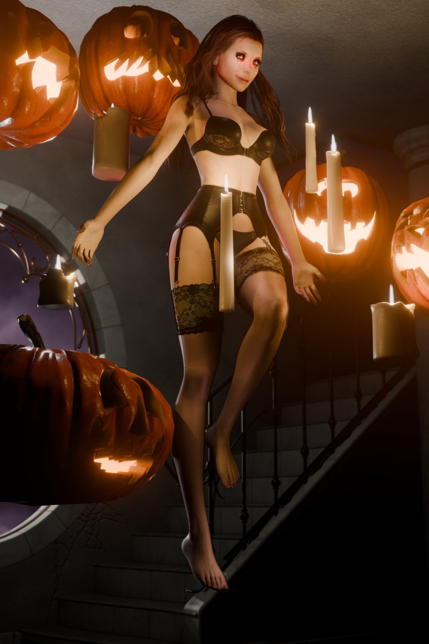 1girls 3d avengers black_bra black_garter_belt black_garter_straps black_stockings blender candle elizabeth_olsen enigmaj female_focus female_only floating glowing_eyes jack-o'-lantern marvel marvel_comics mutant_(marvel) pumpkin red_eyes scarlet_witch stockings wanda_maximoff x-men