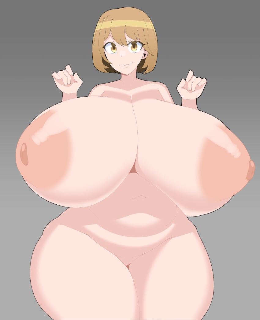 absurdres breasts breasts_apart brown_eyes brown_hair completely_nude cowboy_shot dot_nose duskyer female female_focus gigantic_breasts grey_background highres large_areolae matching_hair/eyes narusawa_ryouka navel nipples nude occultic;nine plump short_hair smile solo thick_thighs thighs w_arms wide_hips