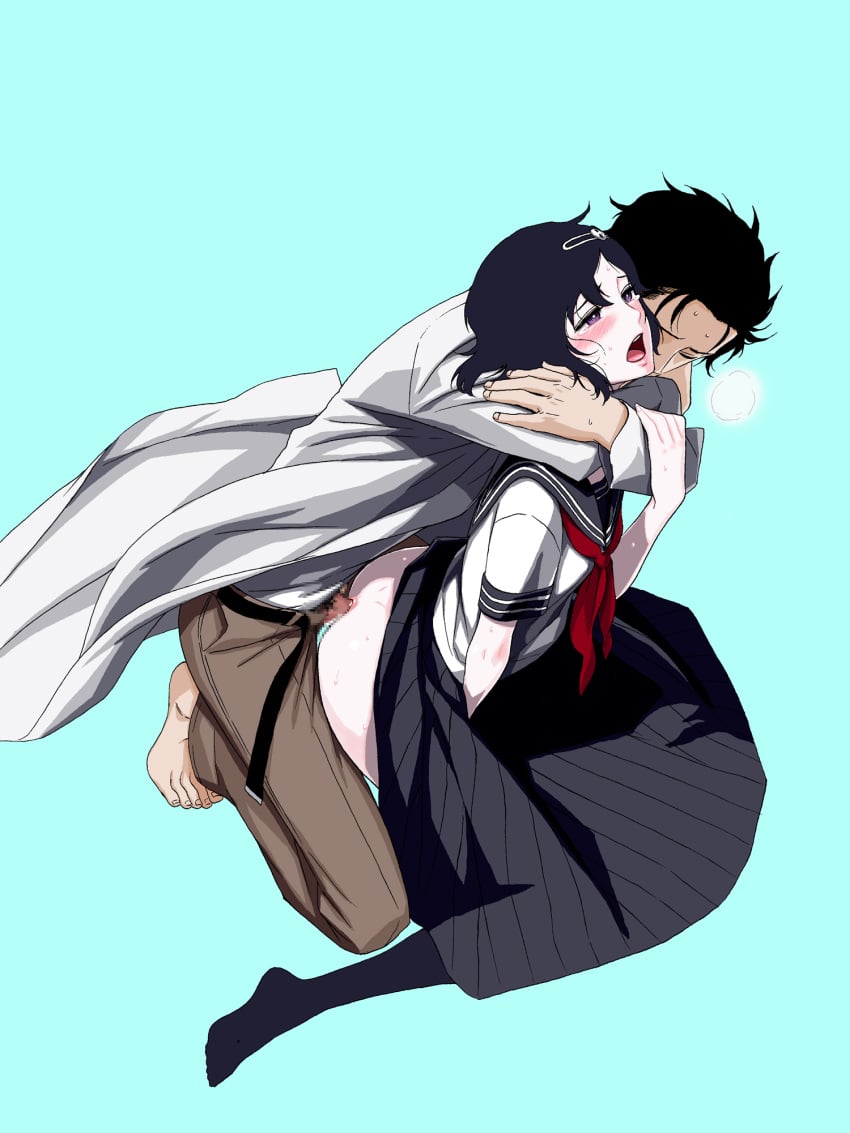 2boys anal arched_back bad_anatomy belt black_hair blue_eyes blush censored crossdressing cum cum_in_ass cum_inside dimples_of_venus femboy fetishist gay girly happy_sex highres hououin_kyouma labcoat male_only multiple_boys okabe_rintarou purple_eyes school_uniform serafuku sex simple_background skirt steins;gate sweat tear trap urushibara_luka urushibara_ruka yaoi