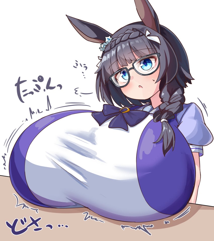 big_breasts black_hair blue_eyes breasts horse_girl huge_breasts large_breasts school_uniform schoolgirl short_hair sinoa_es umamusume umamusume_pretty_derby zenno_rob_roy_(umamusume)