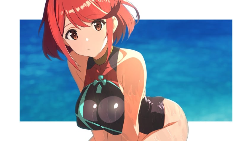 1girls ahonoko bare_shoulders black_one-piece_swimsuit blue_background border breasts closed_mouth commentary core_crystal_(xenoblade) female highres large_breasts leaning_forward looking_at_viewer one-piece_swimsuit outside_border pyra pyra_(xenoblade) red_eyes red_hair red_one-piece_swimsuit short_hair sidelocks solo swept_bangs swimsuit two-tone_one-piece_swimsuit white_border xenoblade_chronicles_(series) xenoblade_chronicles_2