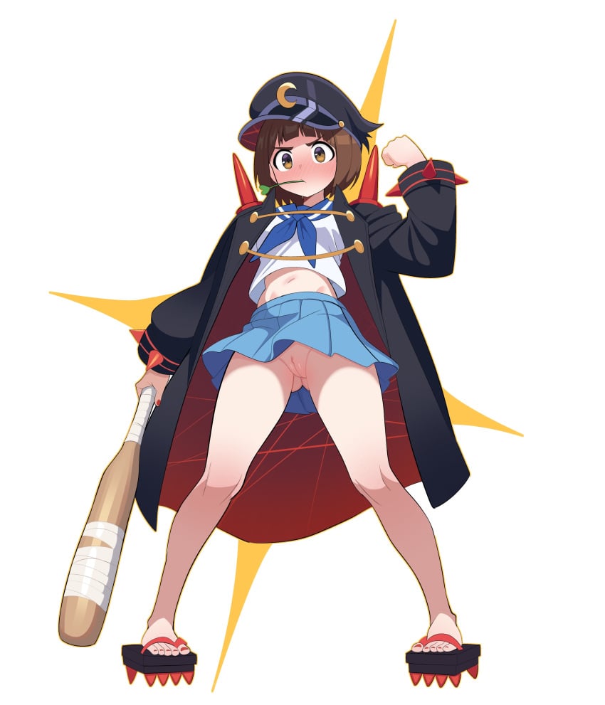 absurdres black_coat blue_skirt blunt_bangs blush bottomless bottomless_skirt brown_eyes brown_hair coat english_commentary feet female full_body highres kill_la_kill looking_at_viewer maidcousin mankanshoku_mako miniskirt navel no_panties pussy red_nails sailor_collar sandals school_uniform short_hair sidelocks simple_background skirt solo toenails toes uncensored upskirt variant_set white_background