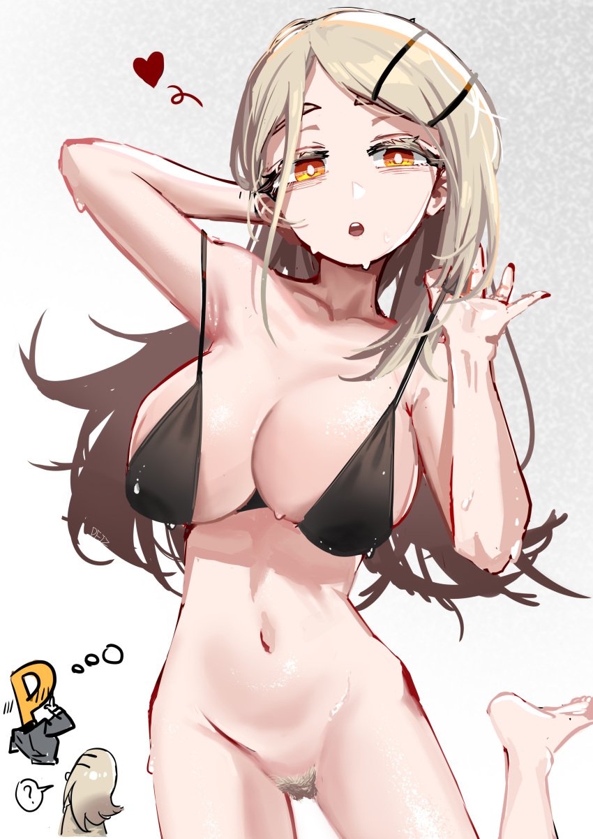 1boy 1girls ? belly belly_button big_breasts bikini_top blonde_hair blush bottomless breasts eyebags faceless_male feet female_focus gakuen_idolmaster hairclip hairy_pussy heart imagining long_hair looking_at_viewer orange_eyes producer_(idolmaster) pubic_hair shinosawa_hiro simple_background soles sweat sweatdrop sweaty thick_thighs touhoureporter white_background