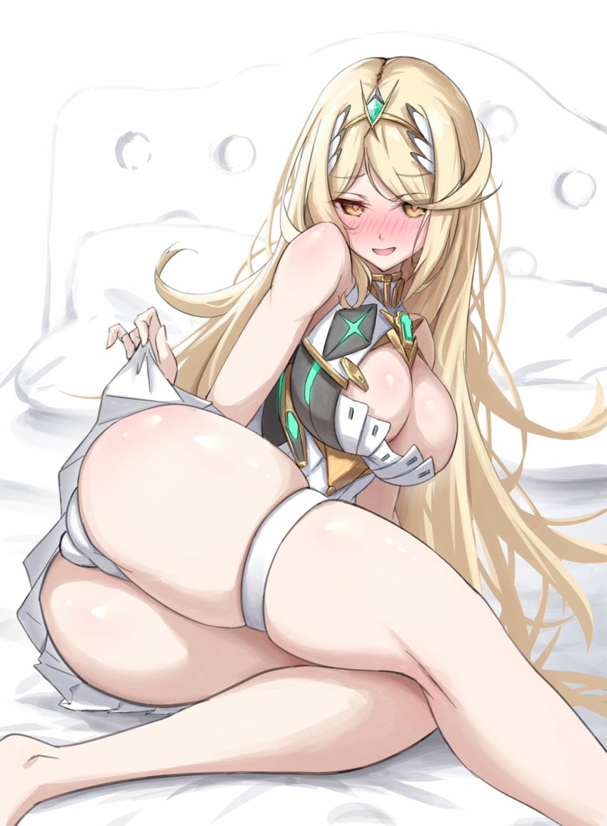 1girls :d ass bare_legs bed blonde_hair blush breasts circlet clothes_lift core_crystal_(xenoblade) dress female heart heart-shaped_pupils highres kneepits large_breasts long_hair looking_at_viewer microdress mythra mythra_(xenoblade) okazu2010015 open_mouth panties pillow simple_background skirt skirt_lift smile solo swept_bangs symbol-shaped_pupils thigh_strap underwear very_long_hair white_background white_dress white_panties xenoblade_chronicles_(series) xenoblade_chronicles_2 yellow_eyes