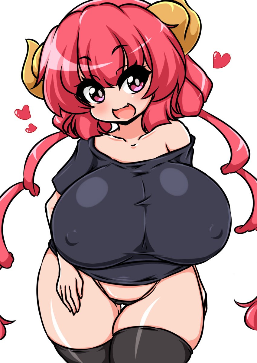 breasts_bigger_than_head covered_nipples dragon_girl dragon_horns female female_focus female_only horns huge_breasts humanoid hyper_breasts ilulu_(dragon_maid) ilulu_(maidragon) light-skinned_female light_skin looking_at_viewer miss_kobayashi's_dragon_maid moyashi_udon nipple_bulge on_knees panties pasties red_hair shortstack small_but_busty tongue_out twintails voluptuous