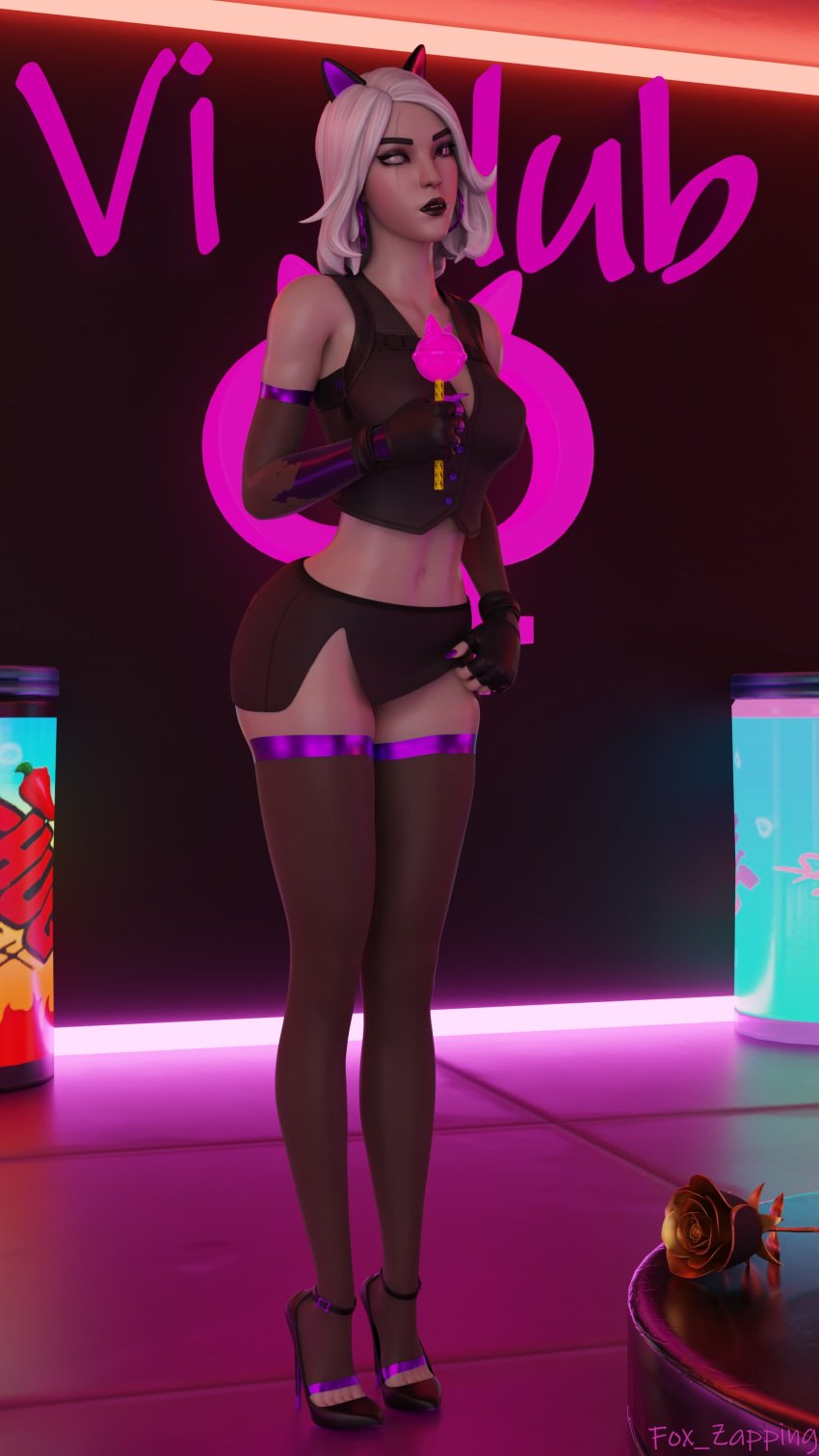 artist_name cosplay fortnite fox_ears fox_zapping high_heels looking_at_viewer marigold_(fortnite) skimpy_outfit standing