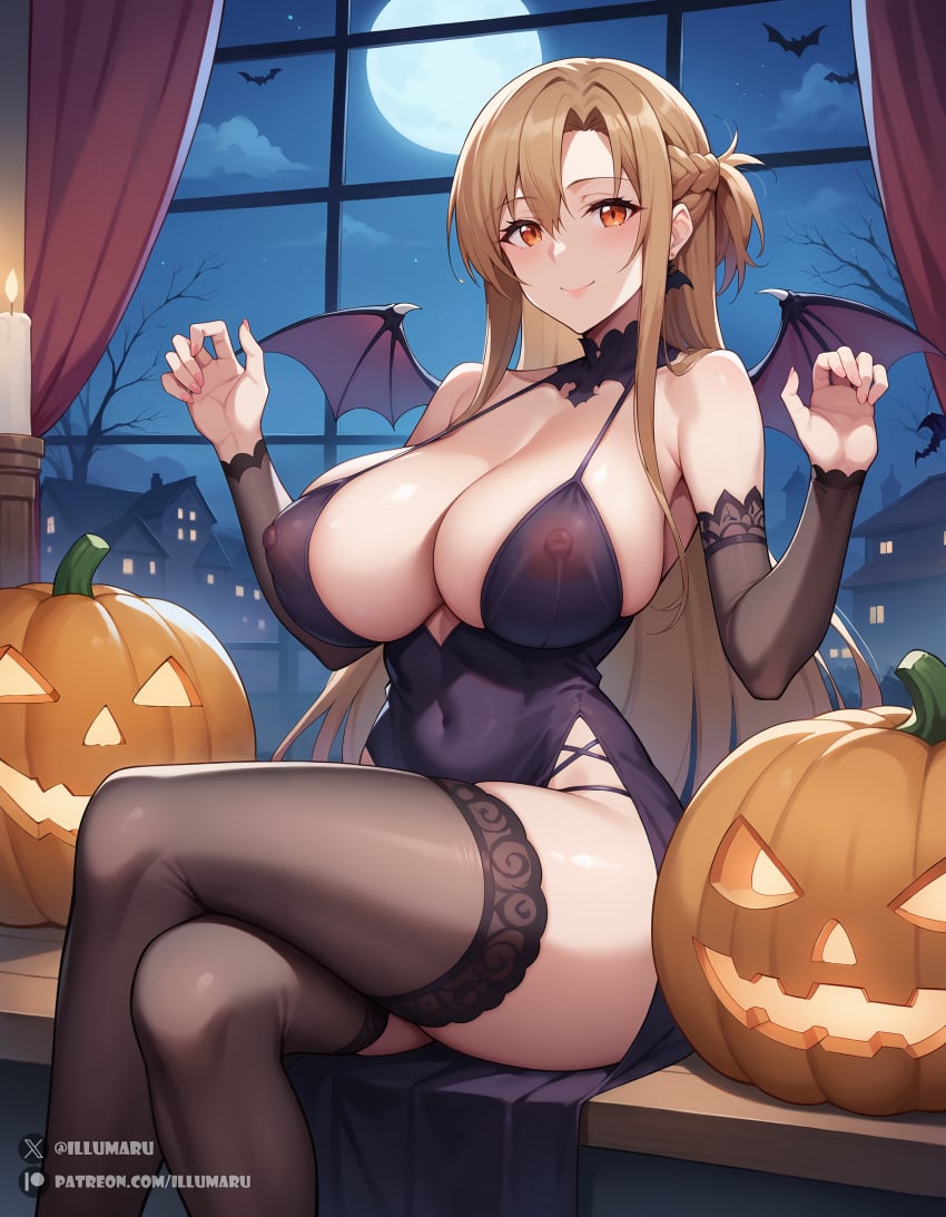 1girls 2024 ai_generated ass_visible_through_thighs bat_wings blonde_hair braid breasts cleavage closed_mouth crossed_legs detailed dress erect_nipples female female_focus female_only hair_ribbon halloween halloween_costume hi_res illumaru large_breasts legs_together long_hair looking_at_viewer moon moonlight night_dress nipples nipples_visible_through_clothing orange_eyes parted_bangs patreon_username pumpkin see-through see-through_clothing shiny_skin sitting sky solo stable_diffusion stockings sword_art_online sword_art_online:_alicization_-_war_of_underworld sword_art_online_alicization thick_thighs thighhighs thighs underwear very_long_hair voluptuous voluptuous_female wide_hips wings yuuki_asuna