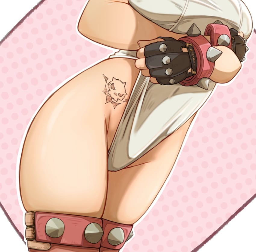 1girl 1girls arms_under_breasts ass big_ass big_breasts black_gloves boots bracelet breasts commentary elphelt_valentine english_commentary gloves groin guilty_gear guilty_gear_strive head_out_of_frame highres jewelry large_breasts leotard leotard_pull pink_background skindentation spiked_bracelet spiked_thighlet spikes standing sugag sugajyun tagme tattoo thick_thighs thigh_boots thigh_focus thighs white_leotard wide_hips