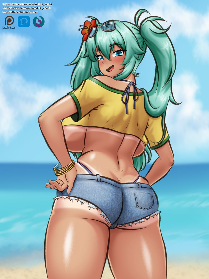 1girls ass big_ass big_breasts big_thighs brazil brazilian brazilian_female brazilian_miku breasts clothed_female cyan_eyes cyan_hair denim_shorts fbi_ecchi female female_only hatsune_miku heavenly_ass huge_ass huge_thighs latin_american_hatsune_miku_(meme) long_hair looking_at_viewer oblivious shirt shorts solo tagme tan tan_body thick_hips thick_thighs thighs thong twintails vocaloid wholesome yellow_shirt