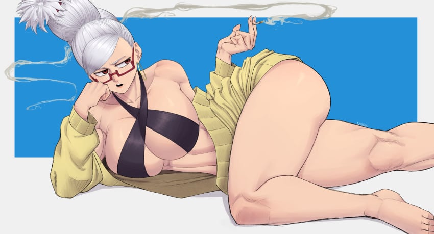 1girls absurdres ass ayase_seiko cardigan cigarette criss-cross_halter dandadan earrings female glasses grey_hair halterneck highres hoop_earrings huge_breasts jewelry limn044 mature_female round_eyewear semi-rimless_eyewear smoking solo tall_hair thick_thighs thighs yellow_cardigan