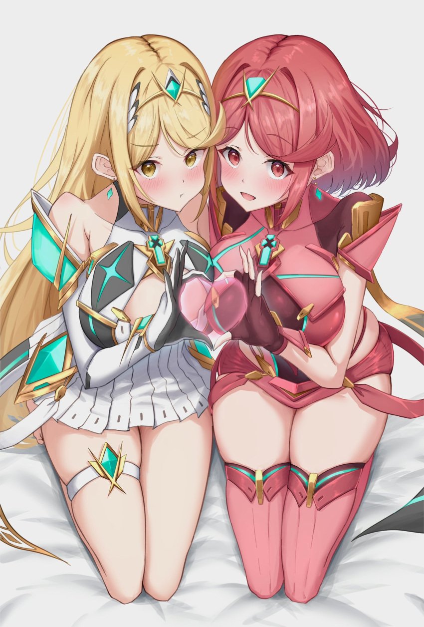 2girls blonde_hair blush bob_cut breasts cleavage_cutout clothing_cutout commentary_request core_crystal core_crystal_(xenoblade) dress earrings elbow_gloves fingerless_gloves gloves heart heart_hands heart_hands_duo heart_in_heart_hands highres impossible_clothes jewelry large_breasts long_hair looking_at_viewer multiple_girls mythra mythra_(xenoblade) okazu2010015 parted_lips pout pyra pyra_(xenoblade) red_gloves red_hair red_shorts red_thighhighs seiza short_dress short_hair short_shorts shorts sidelocks sitting sleeveless sleeveless_dress smile swept_bangs thigh_strap thighhighs thighs tiara white_dress white_gloves xenoblade_chronicles_(series) xenoblade_chronicles_2 yellow_eyes