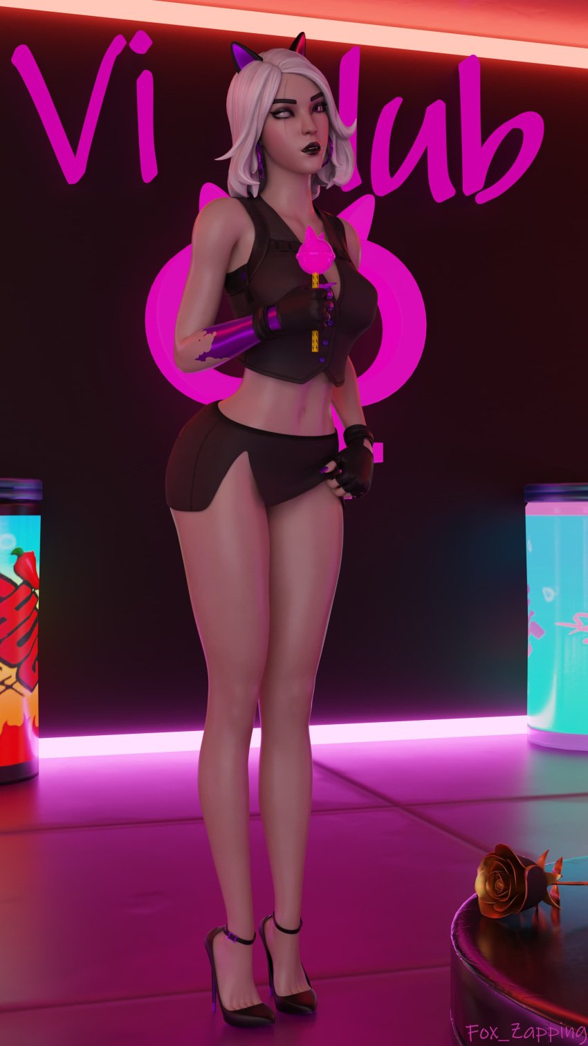 artist_name cosplay fortnite fox_ears fox_zapping high_heels looking_at_viewer marigold_(fortnite) skimpy_outfit standing