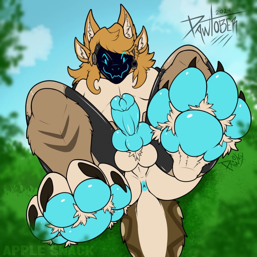 anthro anus balls feet foot_focus forest genitals hi_res knot machine male pawpads paws pawtober pawzzhky plant presenting protogen solo tree