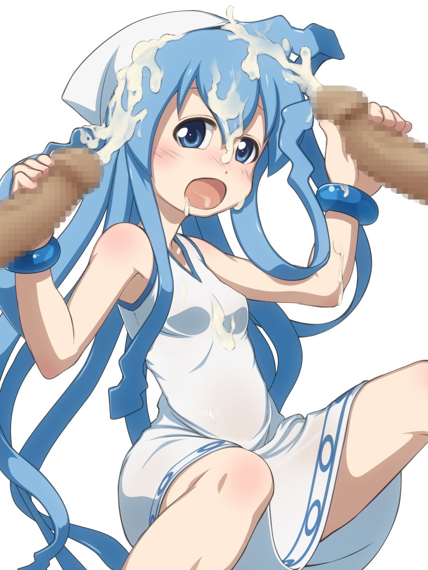 blue_eyes blue_hair bracelet censored cum cum_on_hair double_handjob dress ejaculation facial gangbang group_sex handjob hat highres ikamusume jewelry long_hair multiple_penises open_mouth penis shinryaku!_ikamusume simple_background tam2 tentacle_hair