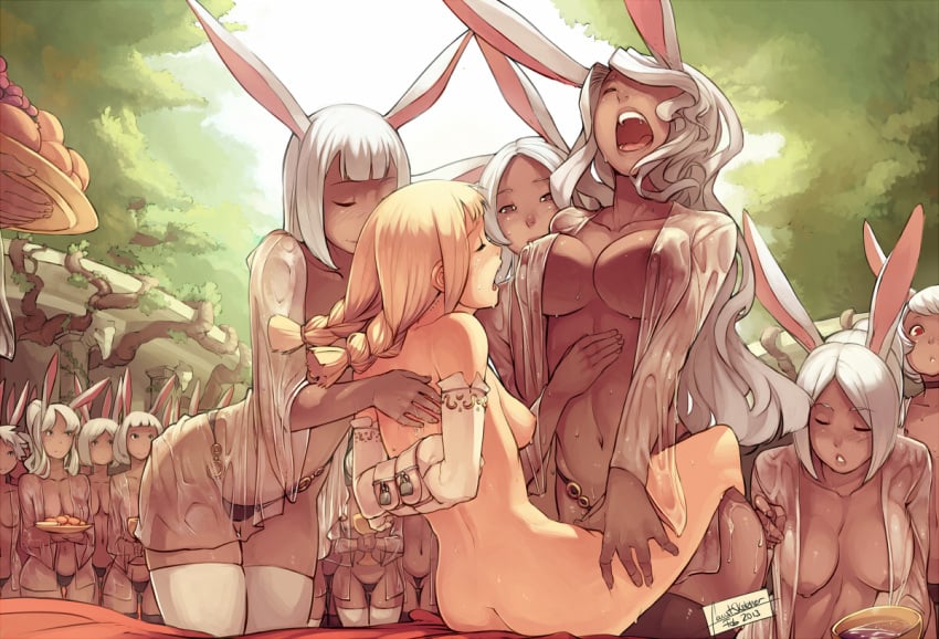 6+girls animal_ears blonde_hair braid braids breasts brown_eyes bunny bunny_ears dark-skinned_female dark_skin faustsketcher female female_only final_fantasy final_fantasy_xii food fran fruit human implied_futanari interspecies jote long_hair mjrn multiple_females multiple_girls navel nipples oil open_mouth panties penelo plate restrained ritual see-through sex sheer sweat thighhighs twin_braids underwear viera white_hair yuri