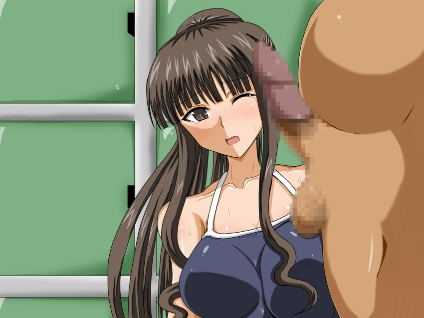 black_hair blush breasts censored fat_man highres jigoku_potion large_breasts mahou_sensei_negima mahou_sensei_negima! one-piece_swimsuit ookouchi_akira sweat swimsuit