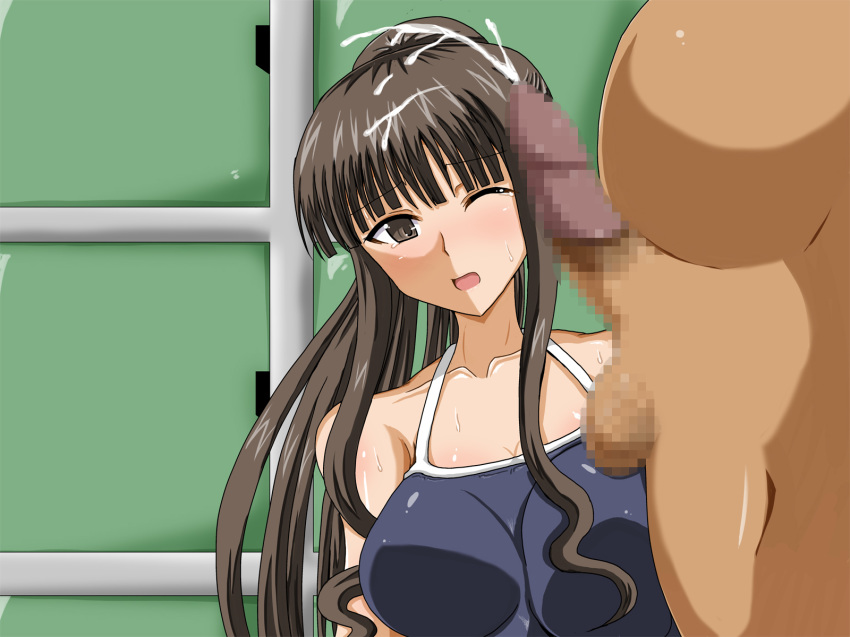 bare_shoulders blush breasts brown_eyes brown_hair censored cum ejaculation erection fat_man handsfree_ejaculation highres jigoku_potion large_breasts long_hair mahou_sensei_negima mahou_sensei_negima! mosaic_censoring one-piece_swimsuit ookouchi_akira penis sweat swimsuit tear testicles wink