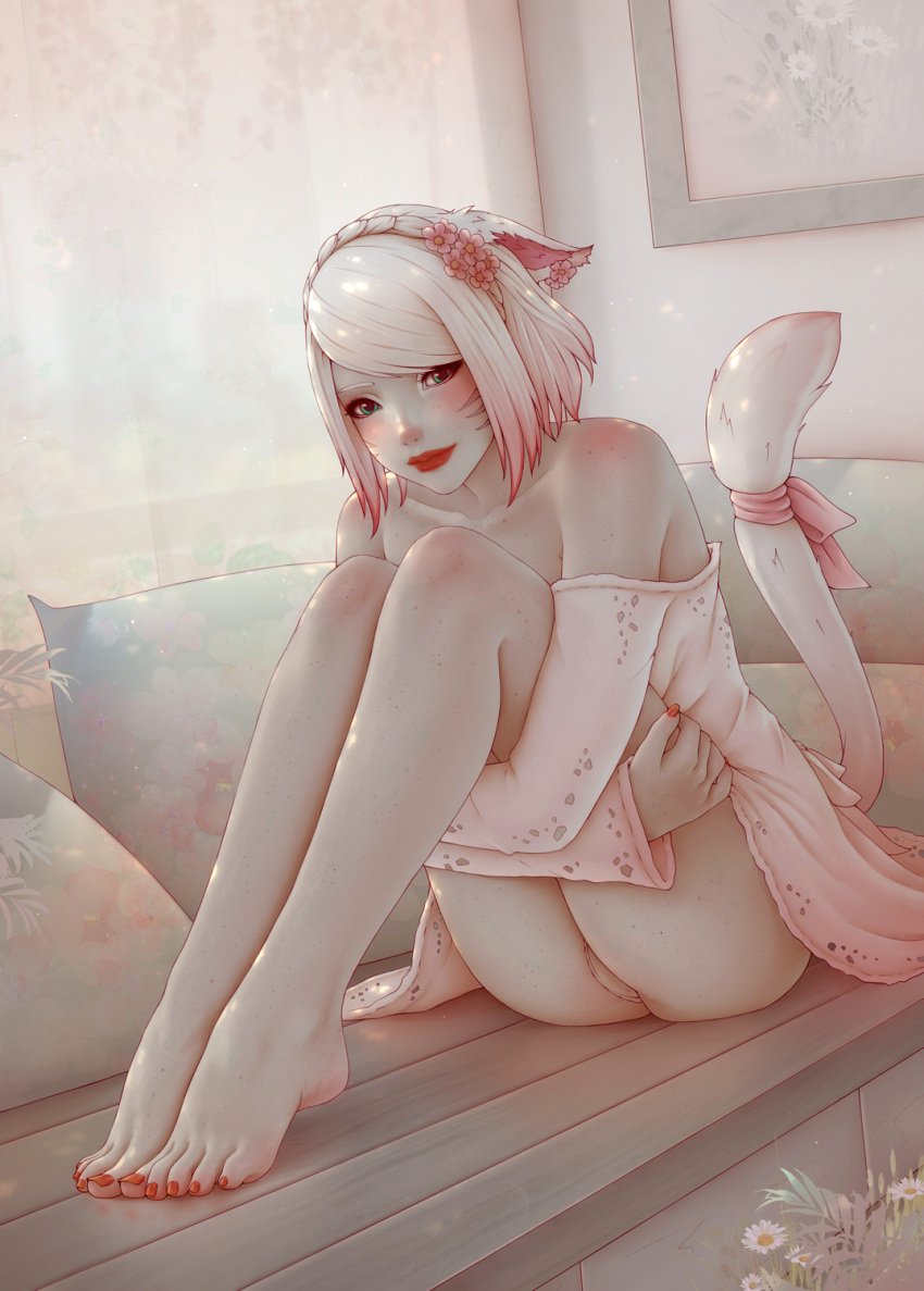 1girls animal_ears bare_shoulders barefoot blue_eyes blush cat_ears cat_tail day facial_mark feet female female_only final_fantasy final_fantasy_xiv flower flowers freckles gradient_hair hair_flower hair_ornament highres legs light-skinned_female lips looking_at_viewer miqo'te multicolored_hair off_shoulder original_character pale-skinned_female panties pantsu pantyshot pink_hair red_lips red_nails ribbon short_hair sitting smile soranamae sweater tail tail_ornament tail_ribbon toes underwear warrior_of_light_(ff14) whisker_markings white_hair