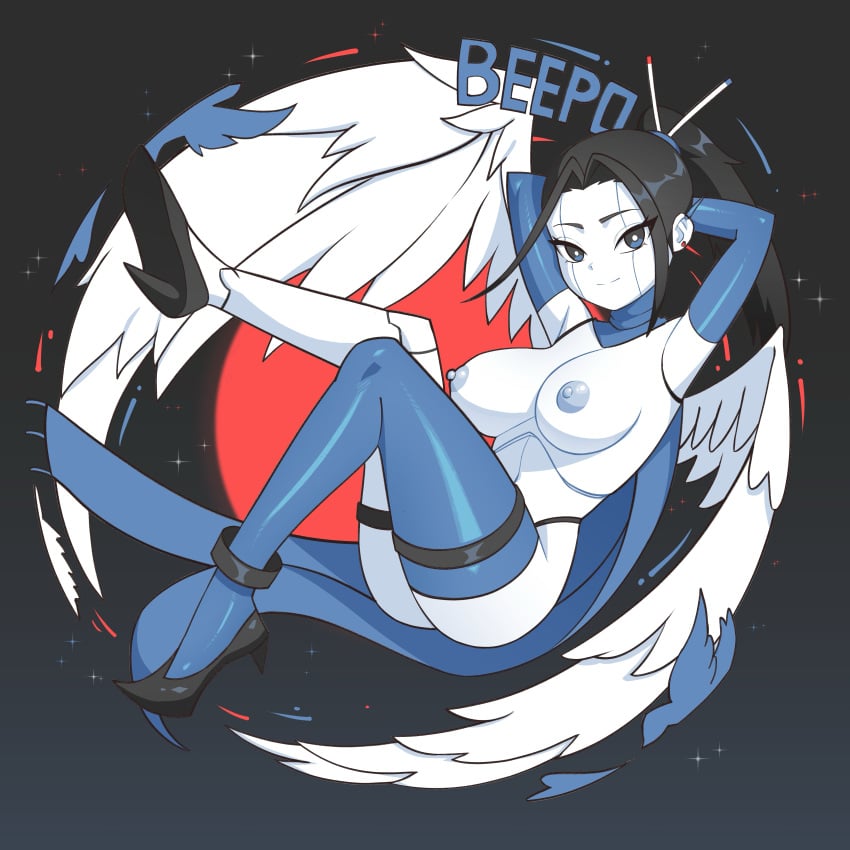 android angel angel_wings beepo_(chunkymoon) black_hair blue_body blue_eyes blue_leotard breasts breasts_out leotard machine nude nude_female robot robot_girl