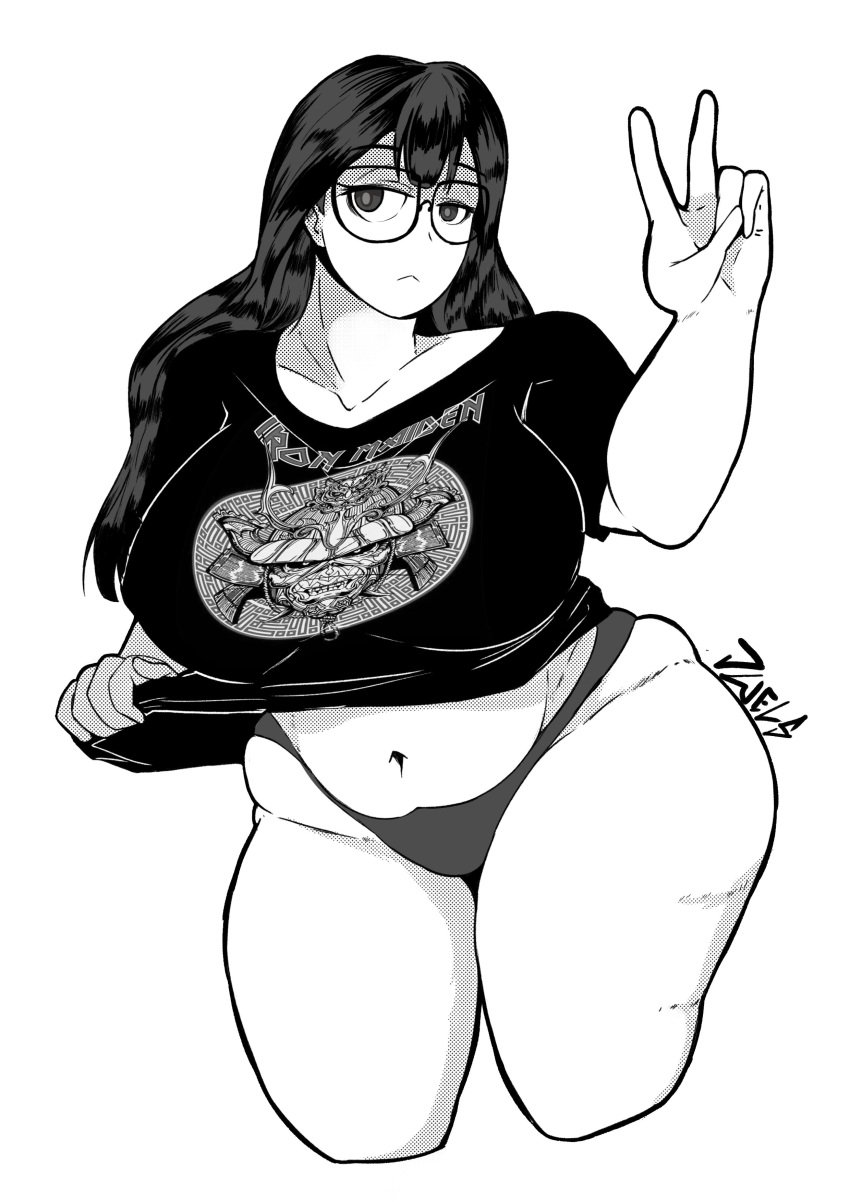 1girls band_shirt bbw big_breasts chubby chubby_female fat_ass glasses iron_maiden_(band) jwels light-skinned_female long_hair looking_at_viewer panties peace_sign plump simple_background t_shirt thick_thighs thong venus_body voluptuous voluptuous_female