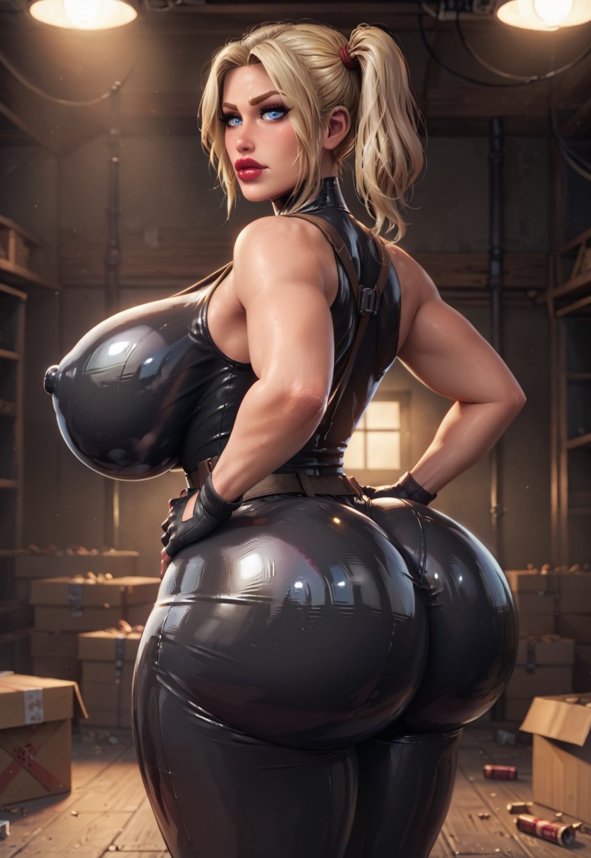 ai_generated blonde_hair blue_eyes bodysuit erect_nipples female_only fingerless_gloves from_behind hands_on_hips huge_breasts latex logan_d looking_back massive_ass mirra_snow shiny_clothes side_ponytail skin_tight solo solo_female thick_lips