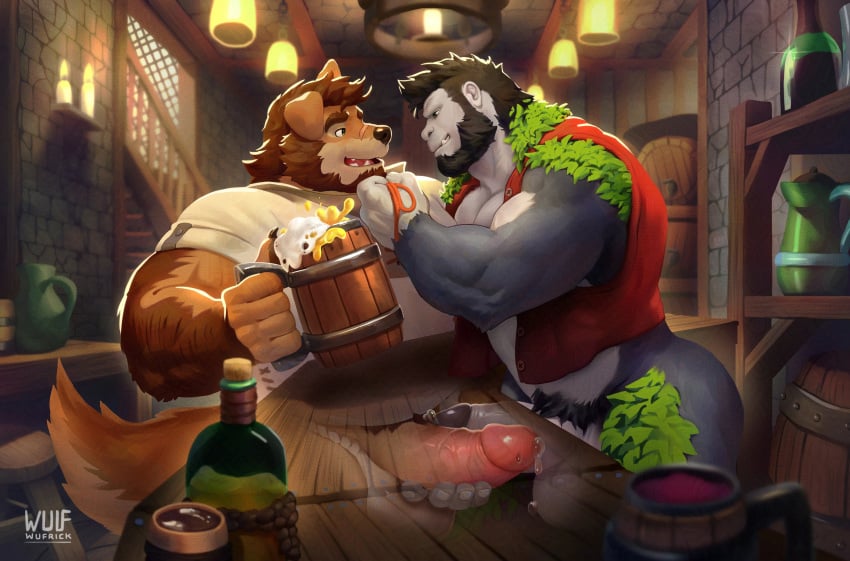 absurd_res alcohol alcohol_bottle anthro ape arm_hair artist_logo artist_name ass balls bare_hands barrel beard beer beer_mug beverage black_facial_hair black_hair bodily_fluids body_hair bottomless brown_body brown_facial_hair brown_fur brown_hair button_ears canid canine canis chandelier claws clothed clothing clothing_pull domestic_dog duo eye_contact facial_hair facial_scar finger_claws floppy_ears frottage fur furniture genital_fluids genitals gorilla grey_body grey_fur grey_skin hair hand_on_penis haplorhine hi_res inside leaf leaking_precum logo looking_at_another male male/male mammal open_clothing open_topwear open_vest partially_clothed penile penis precum primate pubes red_clothing red_topwear red_vest scar sex shelf shirt smile snout snout_scar string_pull t-rilla table tail tavern topwear translucent translucent_table tusks underwear underwear_down vest white_clothing white_shirt white_topwear willan wufrick