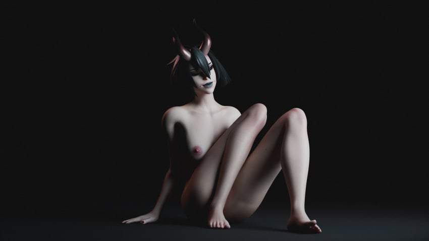 1girls 3d alternate_version_at_source black_background black_hair black_lipstick completely_naked demon demon_horns female female_only fortnite fortnite:_battle_royale horns lipstick night_rose nude nude_female short_hair simple_background sitting solo solo_female tagme tagme_(artist)