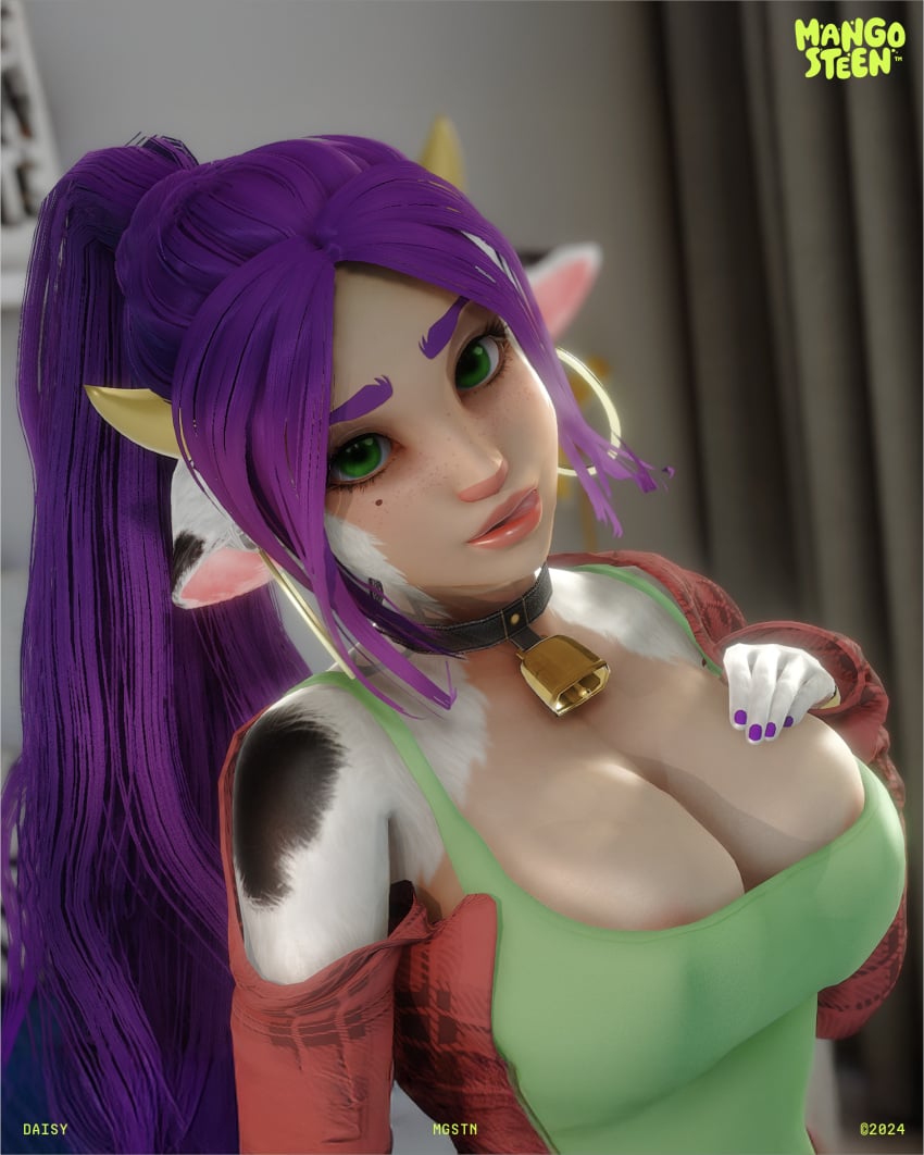 anthro bovid bovid_humanoid bovine bovine_humanoid cow_ears cow_girl cow_horns cow_print cowbell cowgirl furry furry_femal looking_at_viewer purple_hair source_request