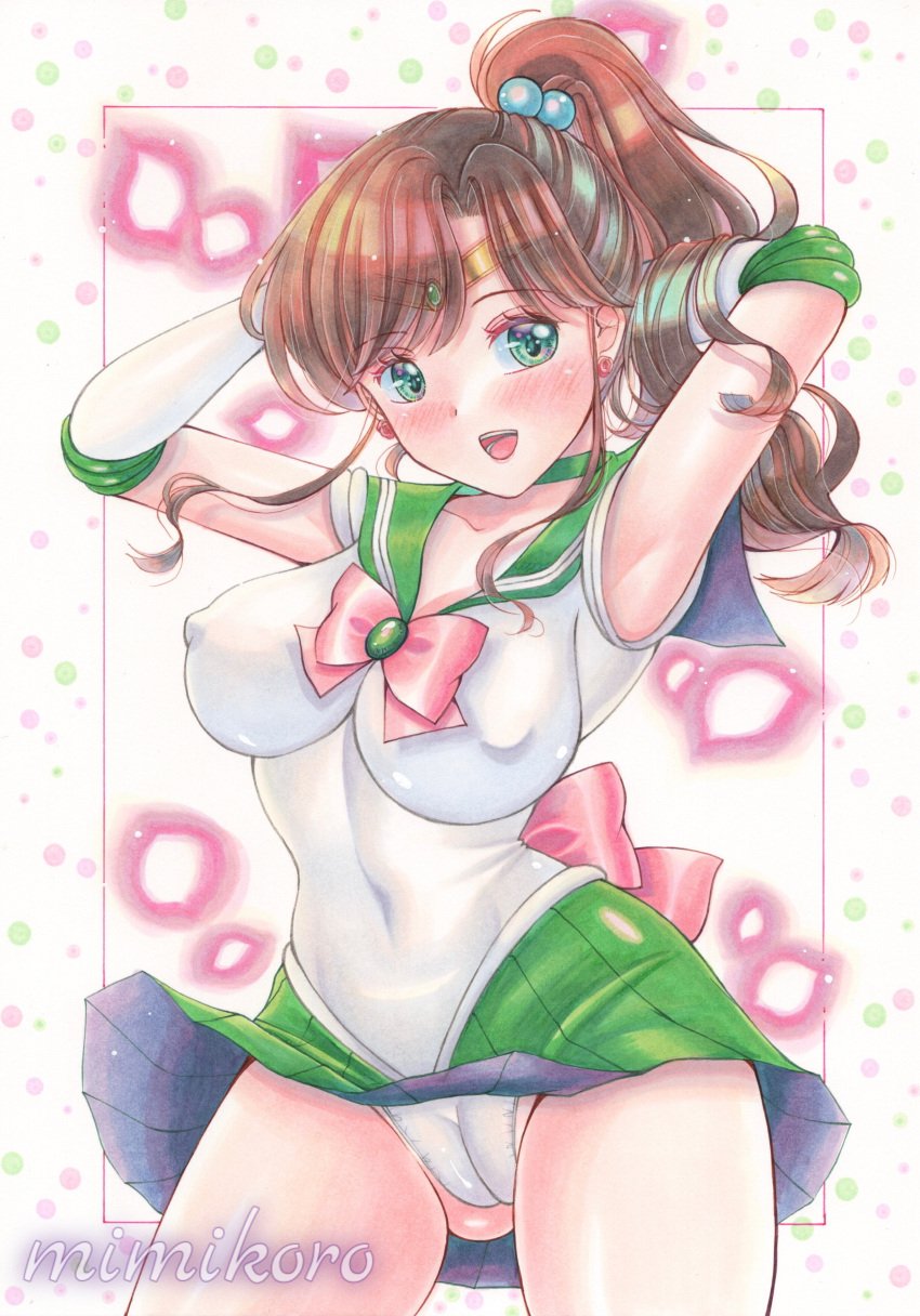 1girls armpits arms_up bishoujo_senshi_sailor_moon blush bow breasts brown_hair choker crotch_seam ear_piercing earrings female_focus gloves green_eyes magical_girl makoto_kino mimikoro navel_outline nipple_bulge open_mouth panties ponytail sailor_collar sailor_jupiter sailor_uniform skirt skirt_up solo solo_focus thighs tiara underwear watermark white_panties