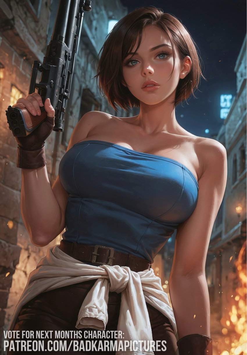 1girls ai_generated badkarmastudio big_breasts blue_eyes bob_cut brown_hair busty collarbone female fingerless_gloves gun jacket_around_waist jill_valentine large_breasts looking_at_viewer parted_lips patreon_username pencil_skirt pose resident_evil resident_evil_3 self_upload short_hair skirt solo sweater_around_waist tubetop weapon