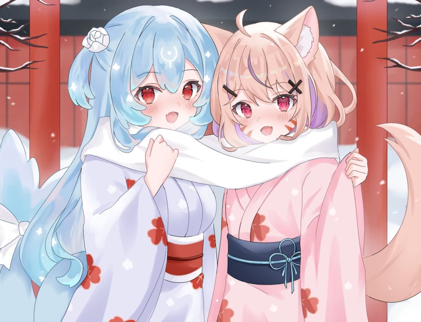 2girls :d ahoge animal_ear_fluff animal_ears bangs bao_(vtuber) blonde_hair blue_hair blue_kimono blurry blurry_background blush day depth_of_field eyebrows_visible_through_hair floral_print flower hair_between_eyes hair_flower hair_ornament japanese_clothes kimono long_hair long_sleeves looking_at_viewer multiple_girls obi oerba_yun_fang one_side_up open_mouth outdoors print_kimono red_eyes red_umbrella sash scarf side_ponytail sleeves_past_wrists smile snowing squchan_(vtuber) tail torii very_long_hair vyugen white_kimono wide_sleeves