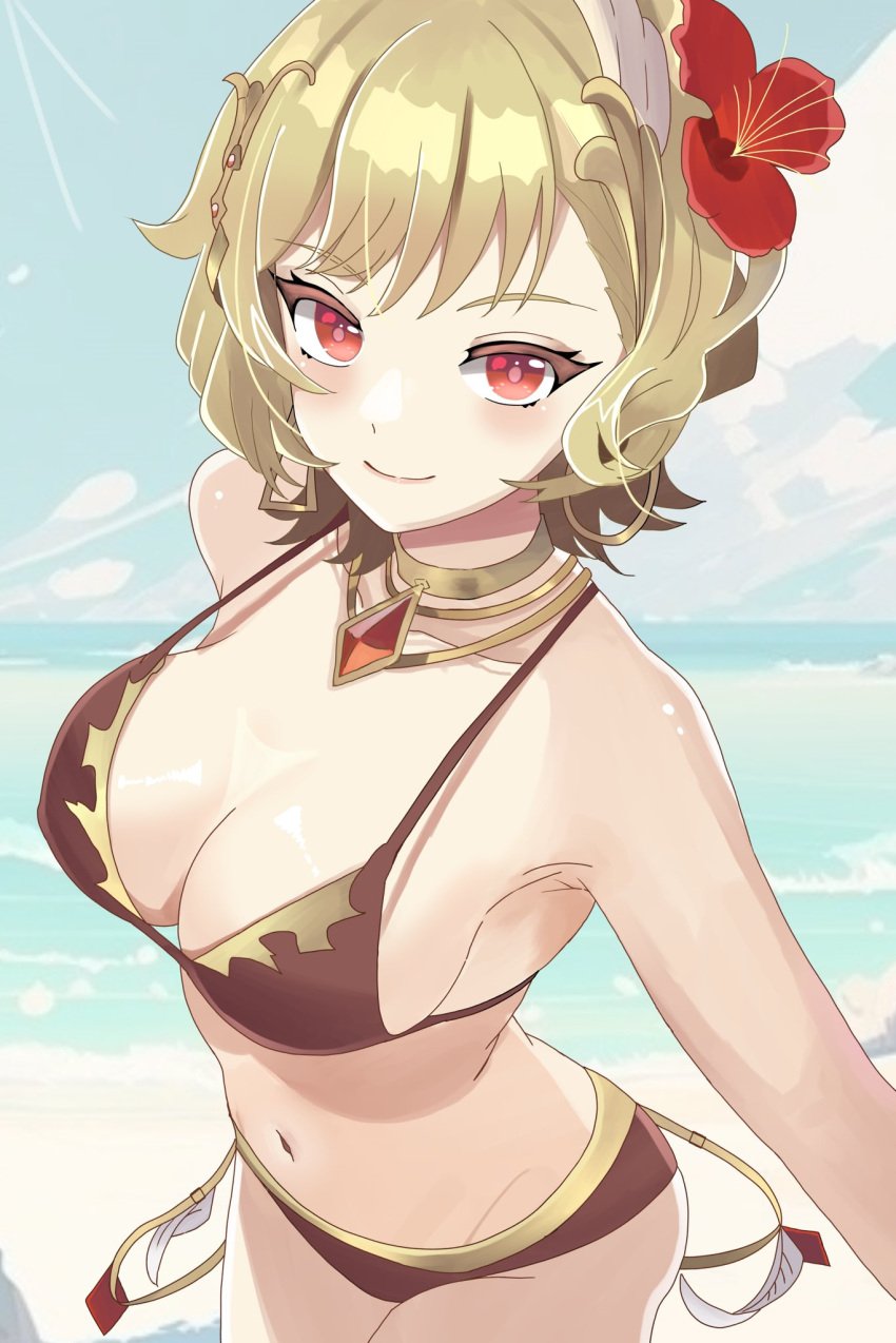 1girls beach big_breasts bikini bikini_bottom bikini_top blonde_hair citrinne_(fire_emblem) earrings fire_emblem fire_emblem_engage flower_in_hair jewelry n_54 no_sex red_eyes solo_female tagme