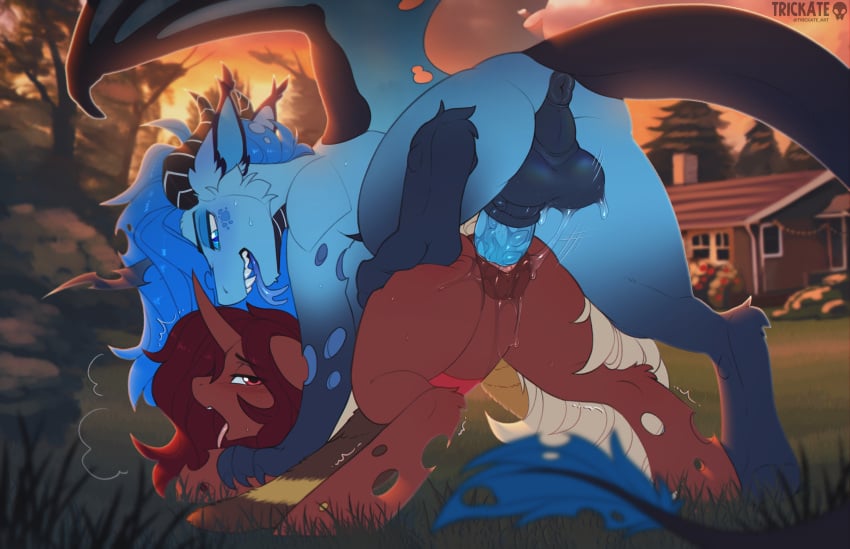 absurd_res anus arthropod ass_up balls blue_eyes blue_penis bodily_fluids changeling dragon duo fan_character female female_penetrated feral feral_on_feral feral_penetrated feral_penetrating feral_penetrating_feral flechette forked_tongue friendship_is_magic from_behind_position genital_fluids genitals hasbro hi_res hole_(anatomy) hybrid insects lepidopteran male male/female male_penetrating male_penetrating_female moth my_little_pony mythological_creature mythological_scalie mythology open_mouth outside outside_sex penetration penile penile_penetration penis penis_in_pussy pussy quadruped red_eyes scalie sex step_position tongue tongue_out trickate vaginal_fluids vaginal_penetration vaginal_penetration