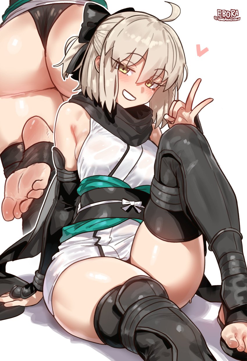 1girls ass blonde_hair breasts ebora fate/grand_order fate_(series) feet female large_ass large_breasts light-skinned_female light_skin naughty_face okita_souji_(fate) short_hair thick_thighs youngmanisdown