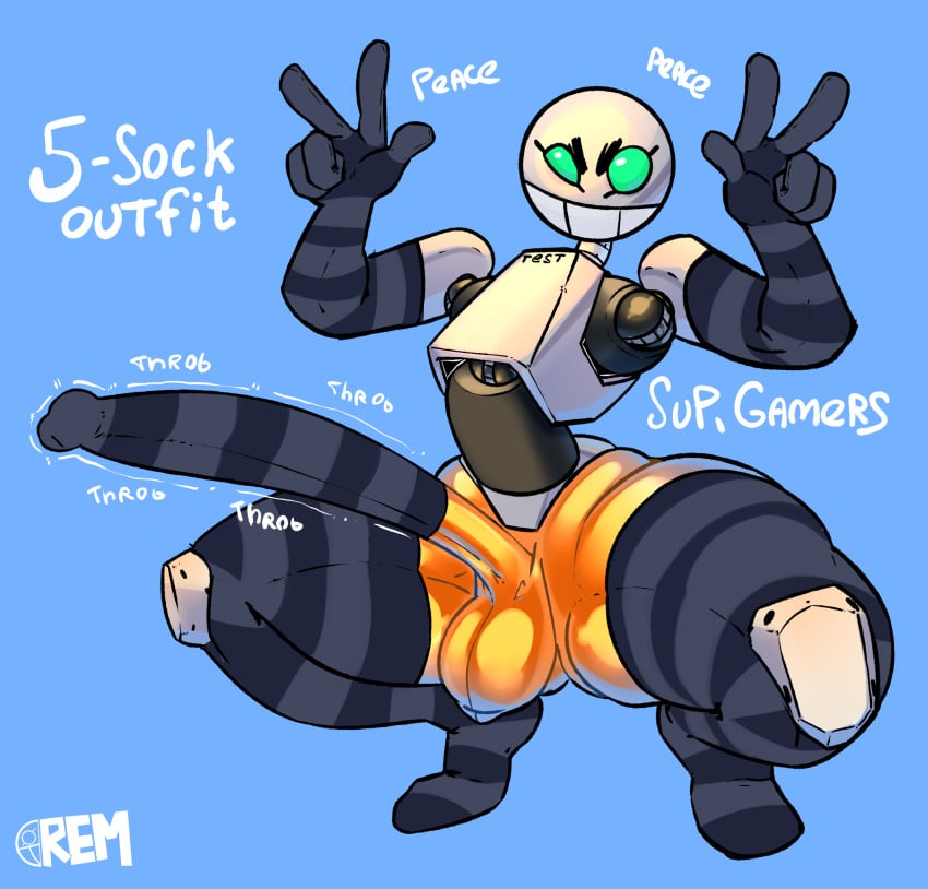 1boy big_balls big_penis cock_sleeve femboy gloves humanoid hung_femboy long_penis peace_sign rem_(oc) remiman robot robot_boy solo squatting stockings thick_thighs throbbing_penis transparent_body wide_hips