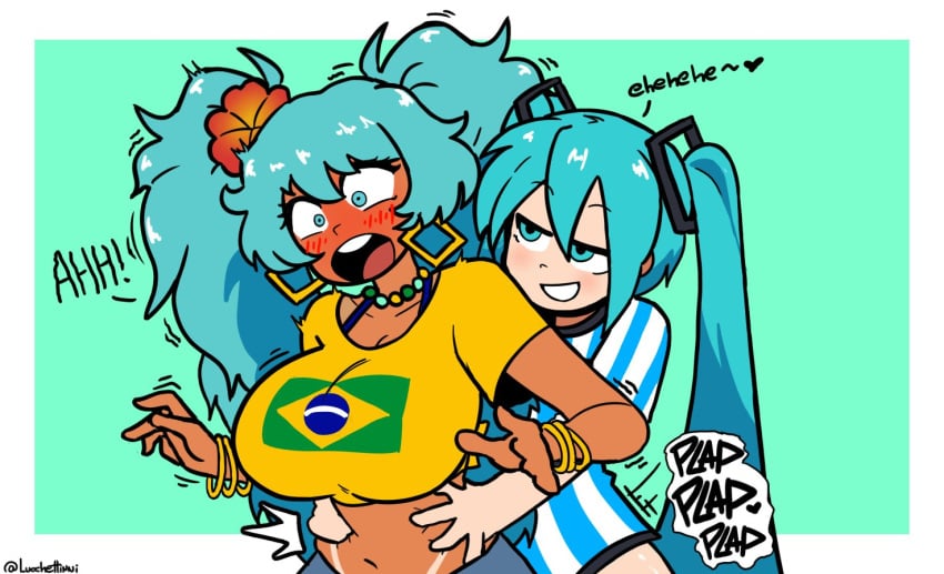 2girls argentinian_miku blush bottomless brazilian_miku female hatsune_miku humping lucchettinni tagme vocaloid