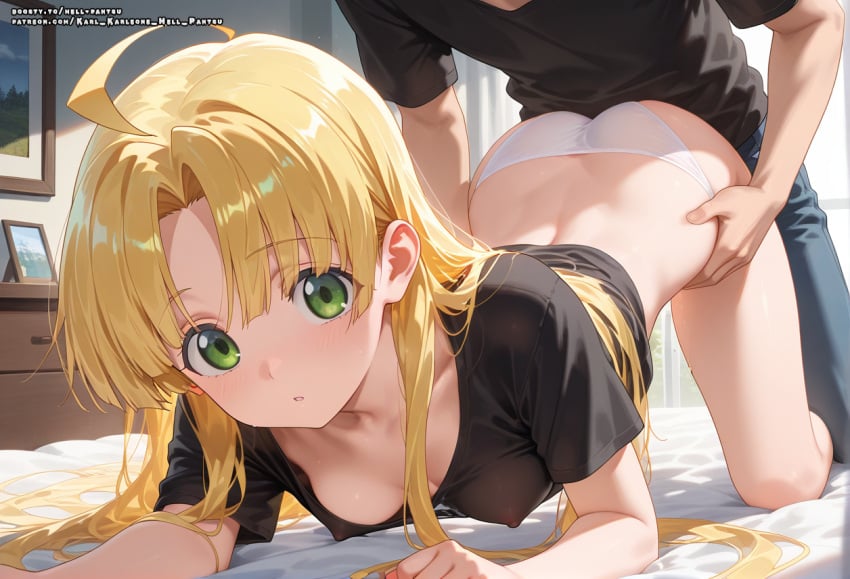 ahoge ai_generated asia_argento blonde_hair female female green_eyes hell-pantsu high_school_dxd long_hair nipples small_breasts solo